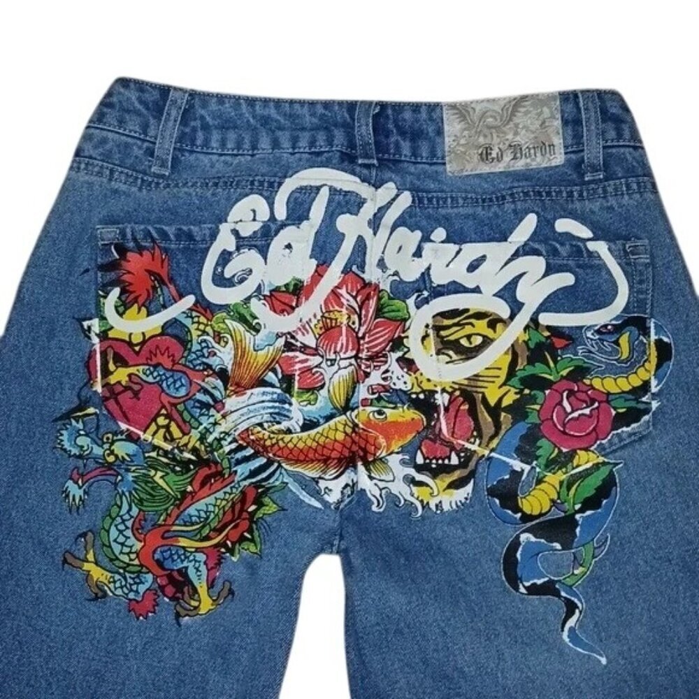 Ed Hardy Koi Fish Painted y2k Vintage Straight Leg Jeans
